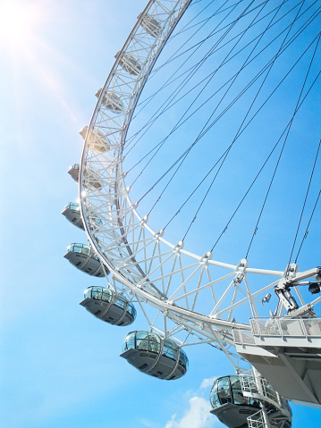 Londo, United Kingdom – April 21, 2022: A low-angle view of the London Eye from the boat in England