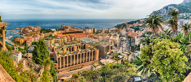 Panoramic view of Fontvieille district and Louis II stadium in the Principality of Monaco, Cote d'Azur, French Riviera