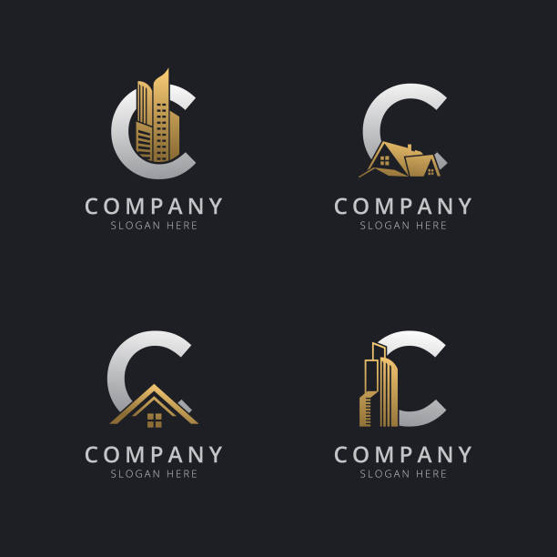 Initial C logo with real estate elements in gold and silver color Initial C logo with real estate elements in gold and silver color real estate logos stock illustrations