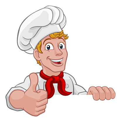 A chef cook or baker cartoon character mascot peeking over a sign and gving a thumbs up