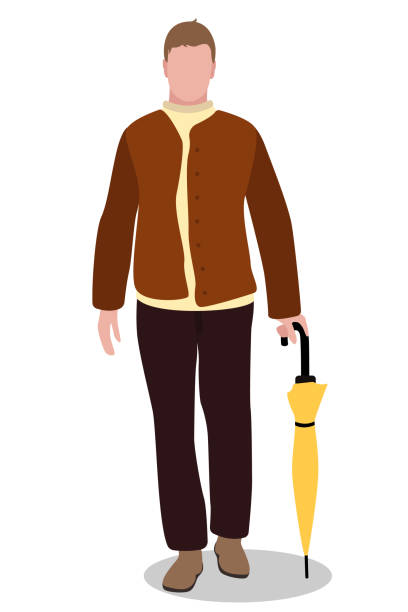 ilustrações de stock, clip art, desenhos animados e ícones de vector illustration of a young man in trendy autumn clothes with an umbrella isolated on a white background. character in trending flat cartoon style. autumn men's fashion - umbrella men business businessman