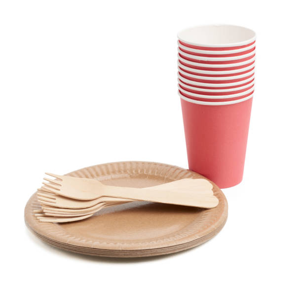 istock red paper cups and wooden fork, empty round brown disposable plate made from recycled materials 1272607682