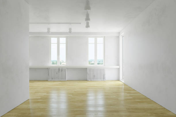 Contemporary blank room interior with old dirty wall and wooden floor, empty living-room, modern apartment graphic design, 3D Rendering Illustration