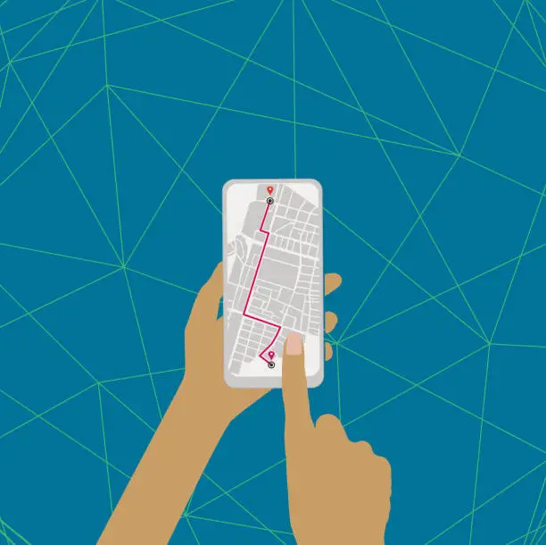 Vector illustration of Searching route with mobile phone