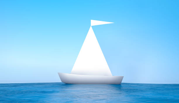 3d rendering, Realistic mock up of white folded paper boat origami style with empty space for your copy and design on the object, blue sky and ocean background.