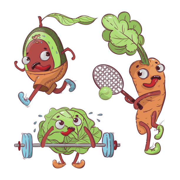 ilustraciones, imágenes clip art, dibujos animados e iconos de stock de sport vegetables camiseta de dibujos animados impresión vector ilustración set - amateur tennis