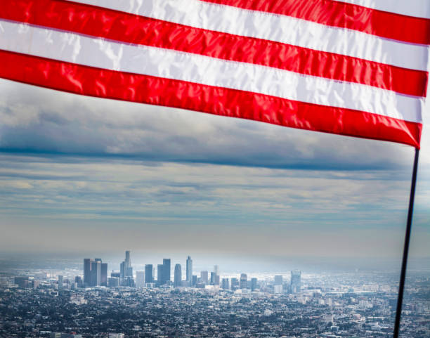 istock US flag with Los Angeles on the background 1272615045