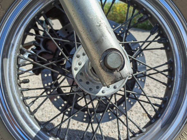 istock Close up of a classic motorcycle front wheels 1272615189