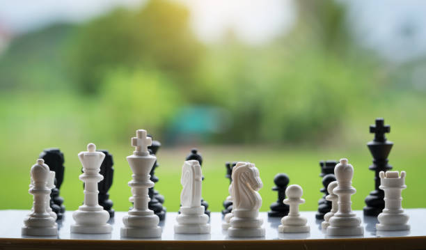 istock Different white chess pieces with a black chess set. Big and small pieces stand together in a natural background. 1272615272