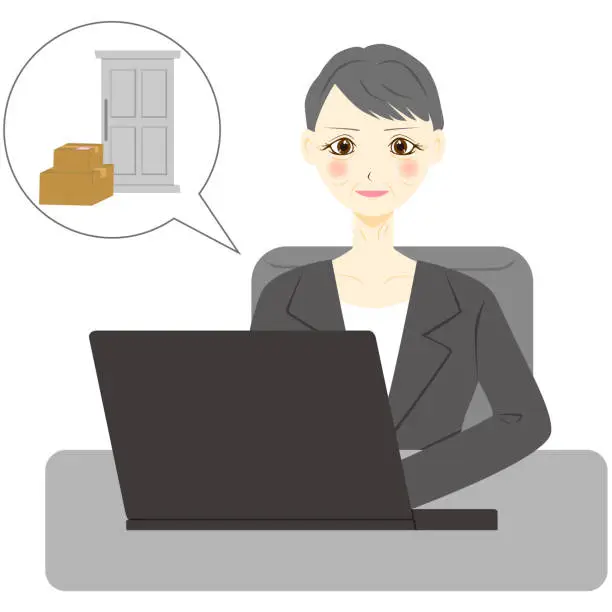 Vector illustration of Middle aged woman shopping for internet. a package drop service.