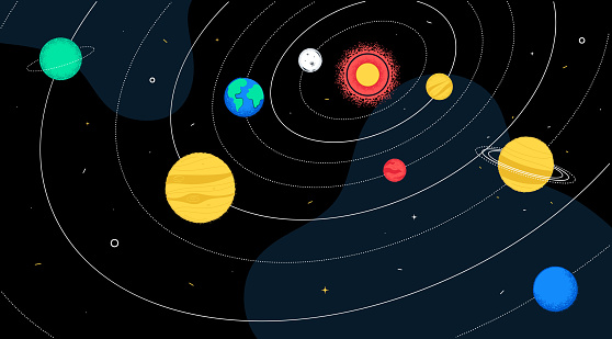 Solar system - colorful flat design style illustration on black background. Galaxy, cosmic exploration, space and astronomy. Mercury, Venus, Jupiter, Saturn, Uranus, the sun, the Earth, Mars planets