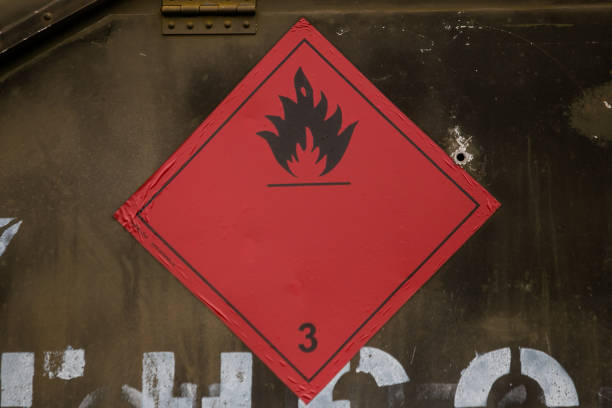 An LPG tank secured with a strong chain and showing a Flammable Gas