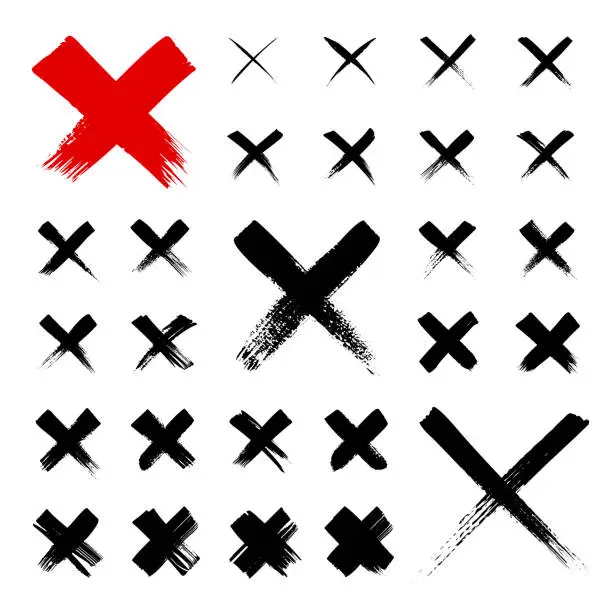 Vector illustration of Set of wrong marks. Grunge letter X. Black and red cross sign.