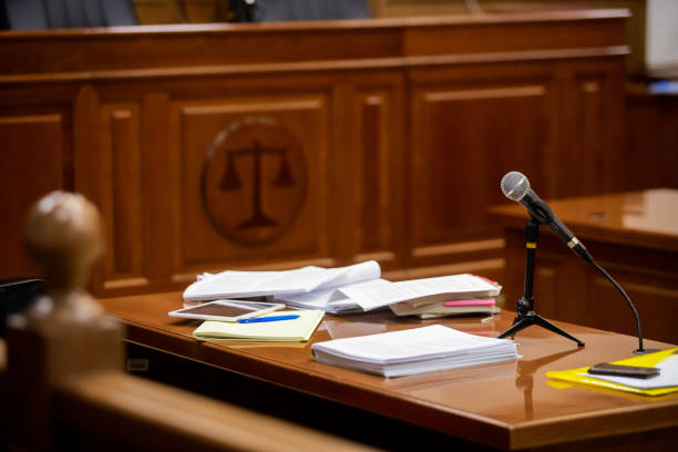 Microphone in the courtroom of the Russian court stock photo