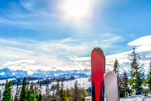 A pair of skis with blurred view on forest and snowy Tatra Mountains in winter