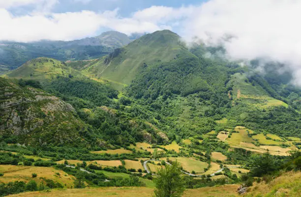 View of valley and mountains in summer in Somiedo nature reserve, Asturias, Spain