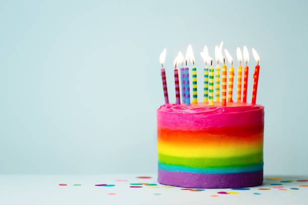 istock Rainbow birthday cake with colorful candles 1272624017