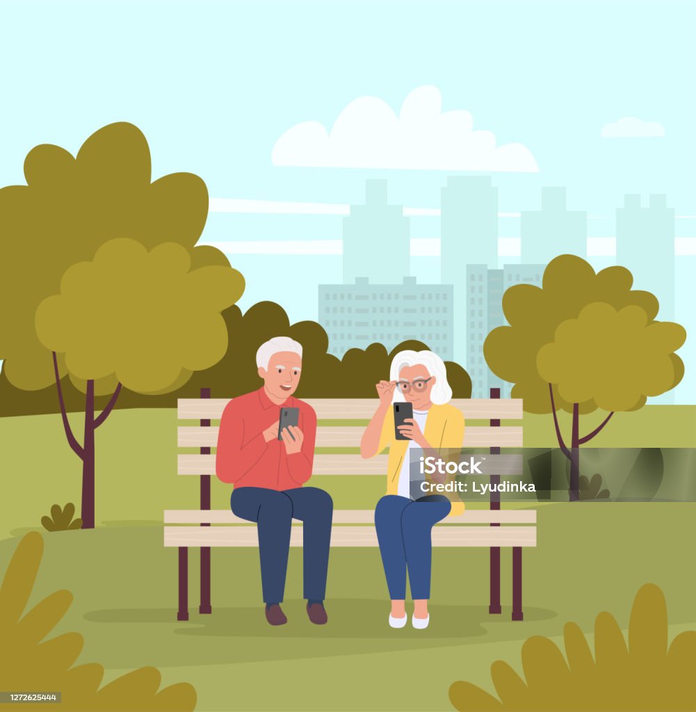 Elderly Woman And Man Are Sitting On The Bench With Smartphones In The Park  Vector Flat Cartoon Style Illustration Stock Illustration - Download Image  Now - iStock