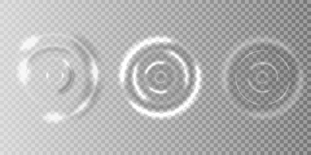現実的な苛性落下や音波スプラッシュ効果、水たまりの同心円。白いサウンドインパクト効果トップビュー。ベクトルイラスト eps10 - splashing water wave drop点のイラスト素材／クリップアート素材／マンガ素材／アイコン素材
