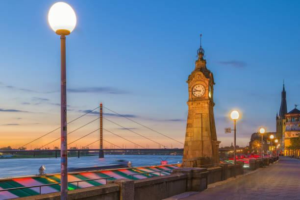 Embankment in Dusseldorf historic center at sunset, Germany