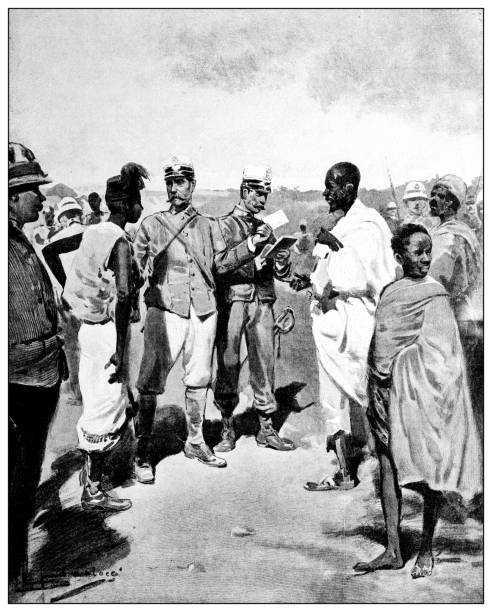 antyczne zdjęcie z pierwszej wojny italo-etiopskiej (1895-1896): przesłuchanie - kolonializm stock illustrations