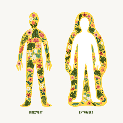 Extrovert and introvert. Extraversion and introversion concept - silhouettes of two human bodies with an abstract image of emotions as flowers inside and outside. Vector illustration in flat cartoon style on white background
