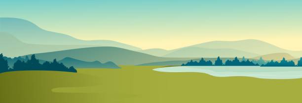 Summer landscape of meadow field vector illustration landscape of countryside, meadow farmland, horizontal view, summer day land of lakes stock illustrations