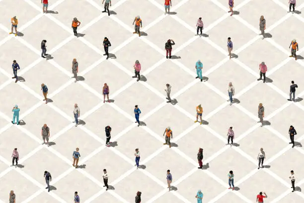 Social distancing concept with many people - Aerial view. Low poly 3D people rendering with a grid of white lines to keep social distancing.