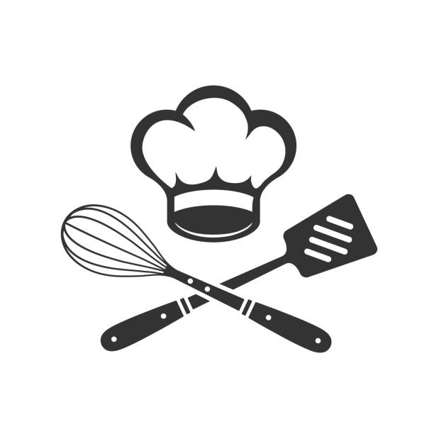 ilustrações, clipart, desenhos animados e ícones de chapéu chef com batedor de cozinha e espátula. rótulo, crachá, pôster para estúdio de comida, cursos de culinária, escola de culinária. logotipo da classe culinária. ilustração vetorial - chapéu de cozinheiro