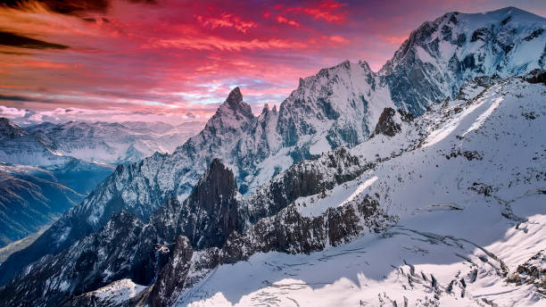 Mont Blanc, Courmayeur, Italy. helicopter, sky. mountains, snow stock photo