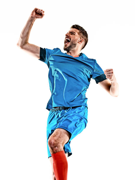 joven jugador de fútbol hombre aislado fondo blanco de pie - jugador de fútbol fotografías e imágenes de stock