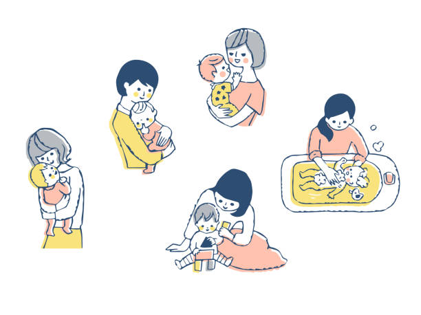 ilustrações de stock, clip art, desenhos animados e ícones de mother and baby scene set - toddler music asian ethnicity child
