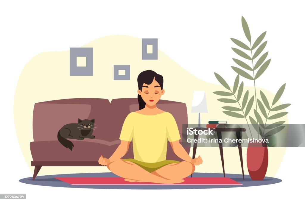 Girl Relaxing At Home Meditating Alone Happy Peaceful Woman Cartoon Character Doing Yoga In Cozy Room Vector Illustration Stay Positive Calm And Safe During Summer Time Stock Illustration - Download Image Now - Girl Relaxing At Home Meditating Alone Happy Peaceful Woman Cartoon Character Doing Yoga In Cozy Room Vector Illustration Stay Positive Calm And Safe During Summer Time Stock Illustration - Download Image Now -