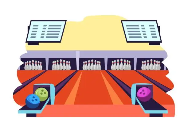 Vector illustration of Bowling club interior background scene. Lanes with tenpins and skittles, balls for playing sport. Recreation and hobby vector illustration. Night entertainment, fun leisure activity