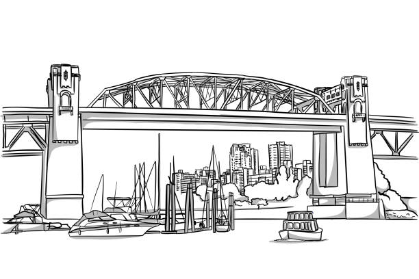 DowntownCityOldBridge View of the city harbour with sailboats and an old bridge in the foreground. false creek stock illustrations