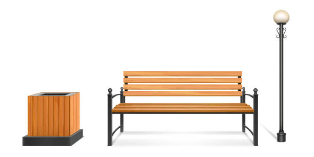 istock Wooden park bench, street lamp and litter bin set 1272639394