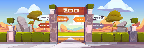 ilustrações de stock, clip art, desenhos animados e ícones de zoo gates with pointers to wild animals cages - zoo sign entrance the