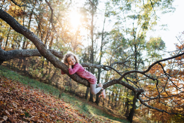 istock Small girl lying on tree branch in autumn forest, having fun. 1272640321