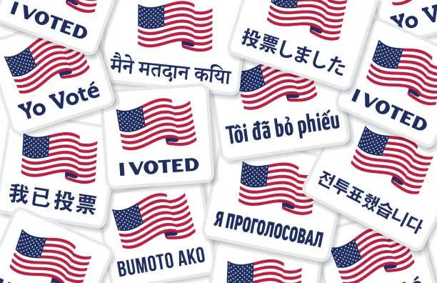 Vector illustration of I VOTED Stickers Multilingual Multicultural USA Elections