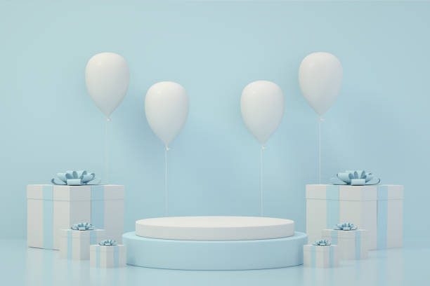 istock 3D Empty Product Stand, Platform, Podium with Gift Box and Balloons, Minimal Design 1272640740