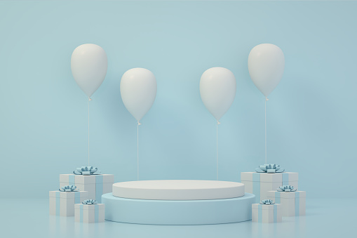 3d rendering of  blank product stand with gift box and balloons for the presentations. Minimal Design.