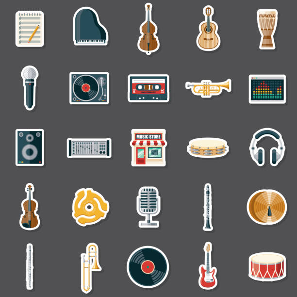 Music Store Sticker Set A set of flat design icons. File is built in the CMYK color space for optimal printing. Color swatches are global so it’s easy to edit and change the colors. bass instrument stock illustrations