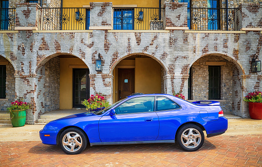 Westlake, United States - August 23, 2020: Side view of a blue 2001 Honda Prelude performance car. The two-door sport coupe was produced by Honda from 1978 until 2001.