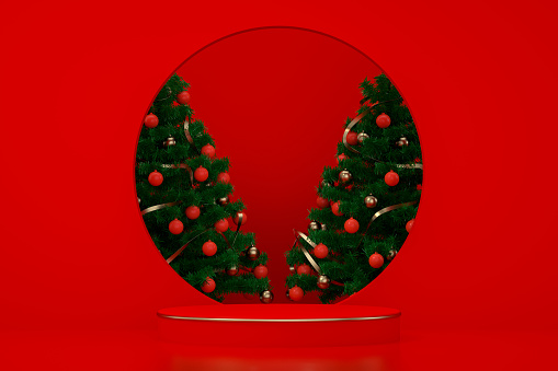 3D rendering, Christmas, New Year Concept. Red background. Empty Product Stand, Platform, Podium. Product Image Montage.