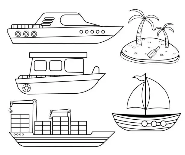 Vector illustration of Funny coloring kids water transport set. Boat, yacht, sailboat, motorboat, container ship and desert island cartoon black and white vector illustration isolated on white background