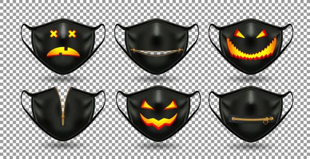 Black Halloween masks set A set of protective comic black masks. For the coronavirus party, Halloween and other fun. 3D realistic illustration. Isolated on transparent background. Vector. scary clown mouth stock illustrations