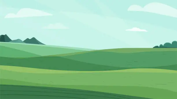 Vector illustration of Landscape vector illustration. Green meadow field, hill, plants and blue sky with clouds. Nature spring, summer farm scenery. Countryside for organic production background
