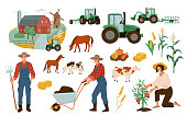 Farm illustrations vector set. Farmers working with wheelbarrow, gathering tomato harvest. Agricultural cute design elements tractor, barn, mill, wheat, pumpkin, corn, animal cow and horse