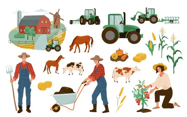 Vector illustration of Farm illustrations vector set. Farmers working with wheelbarrow, gathering tomato harvest. Agricultural cute design elements tractor, barn, mill, wheat, pumpkin, corn, animal cow and horse