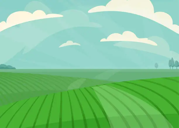 Vector illustration of Landscape vector illustration. Green meadow field, hill, plants and blue sky with clouds. Nature spring, summer farm scenery. Countryside for organic production background